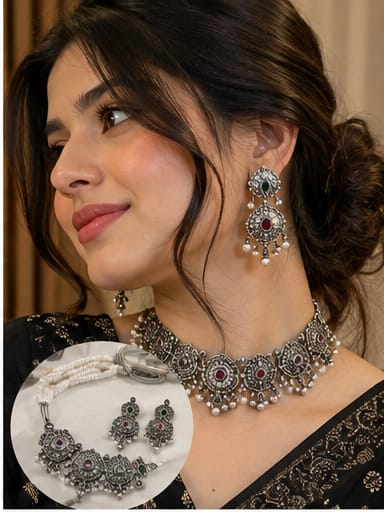 Oxidized Silver Statement Necklace Set